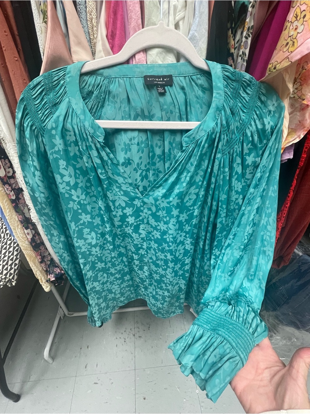 Current Air Teal Floral V-Neck Smocked Sleeve Blouse